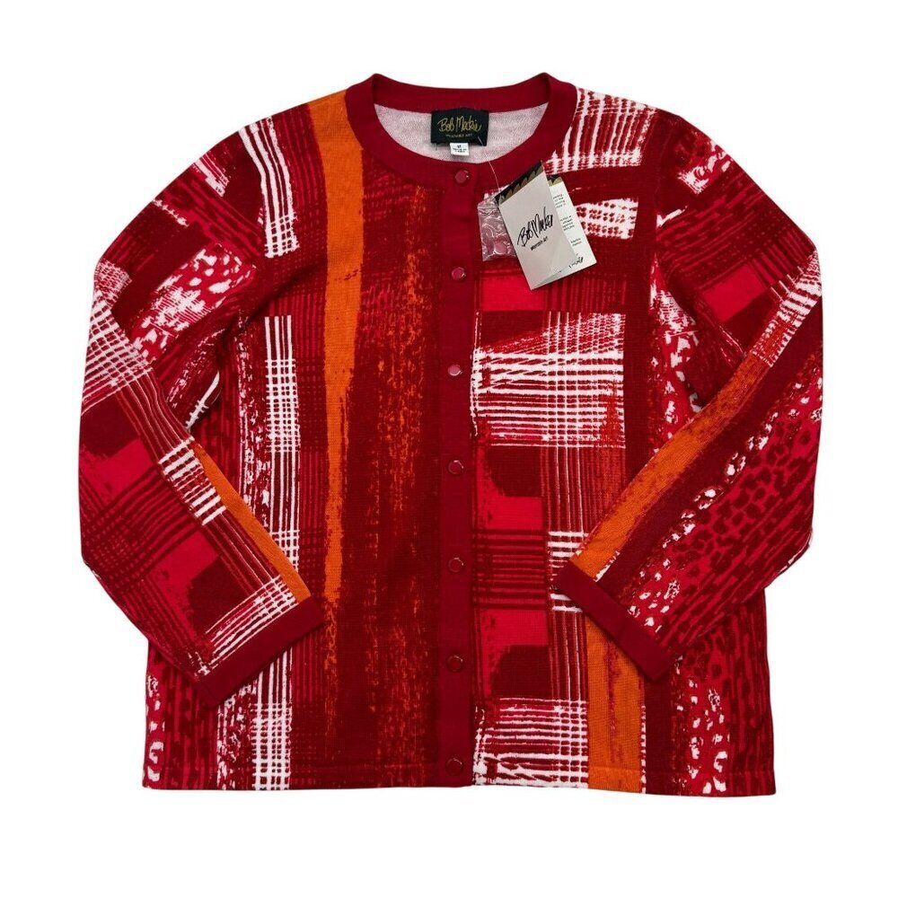 Bob Mackie Wearable Art Cardigan Sweater Abstract Print Red Bold‎ Size M NWT